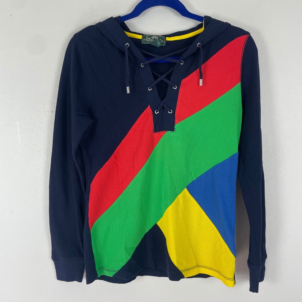 L-RL Lauren Active Petite Hoodie Top Colorful‎ Block Lace Up Pullover 90 Vintage